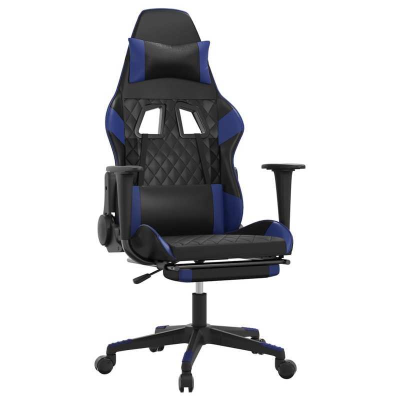 Gaming chair with footrest, black and blue faux leather for gaming PC