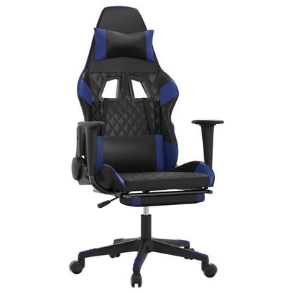 Gaming chair with footrest, black and blue faux leather for gaming PC