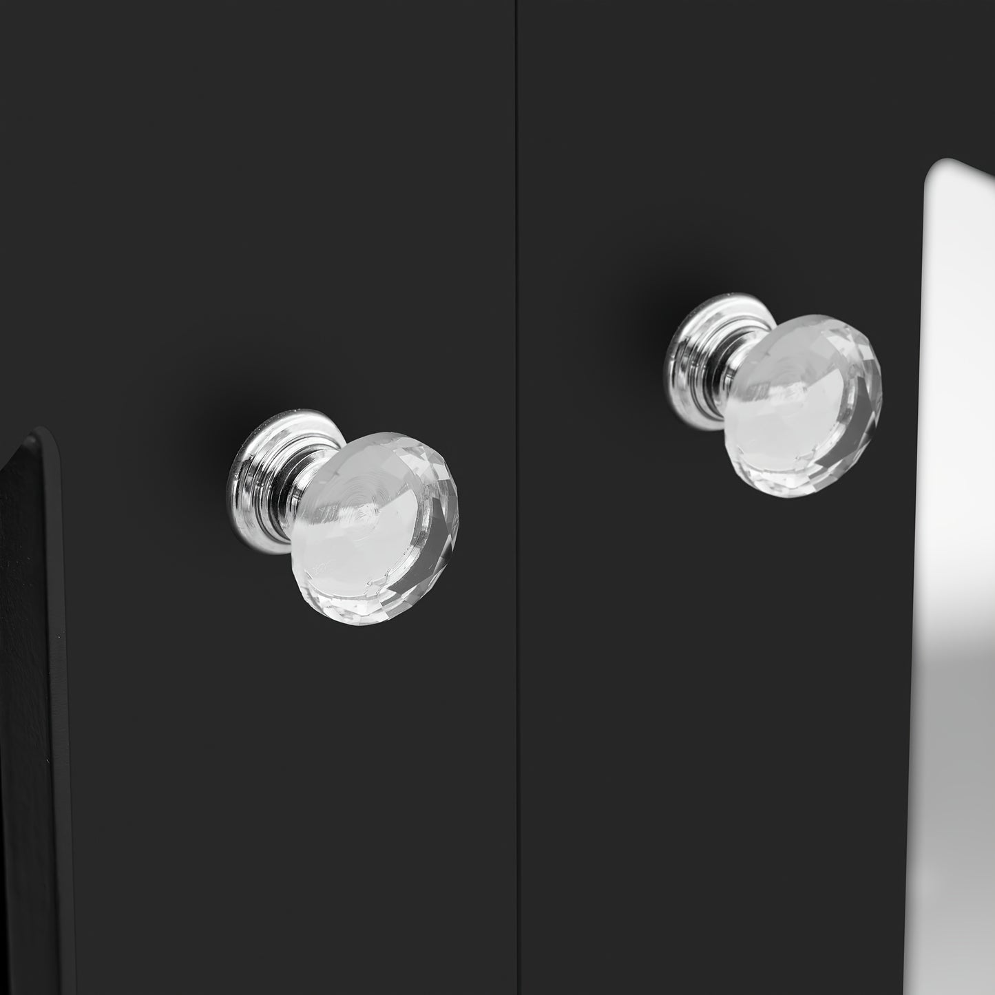 Black Mirrored Sideboard with Cool Crystal Handles, Four Doors And Removable Shelves. Suitable for Living And Dining Rooms, Dimensions: 160 X 40 X 84cm