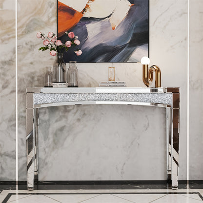 Spiegelconsole – Sidetable – Haltafel – Dressoir – Bijzettafel – 120x80 cm – Zilverplated Glas – Crushed Diamant Accent
