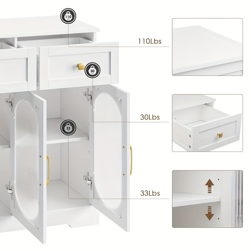 Dressoir – Buffetkast – Opbergkast – Kast – Tv-meubel – Modern Wit – 3 Lades & 3 Glazen Deuren – Verstelbare Planken & Gouden Handgrepen – Spaanplaat – 120x89,7x39,8 cm
