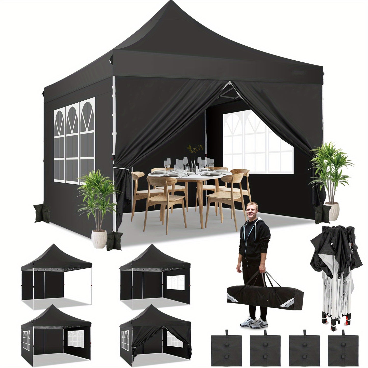 Pop-up Partytent 3x3m – Tuinkamer – Feesttent – Markttent – Paviljoen – Stevig Carbonstalen Frame – UV50+ Waterbestendig Doek – Inclusief Zijwanden Met Raampjes – Met Zandzakken – Wit