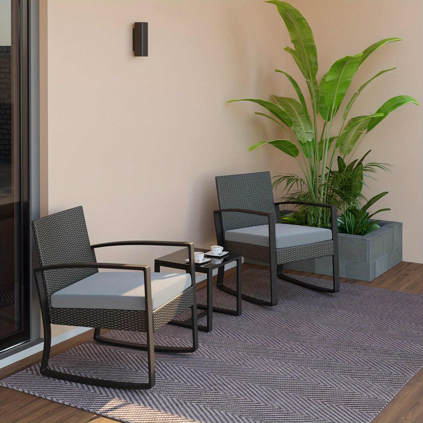3pcs All-Weather PE Rattan Outdoor Furniture Set with Cushions - Modern Wicker Sofa, 2 Armchairs & Coffee Table, Beige/Gray/Blue Color Options, Heavy-Duty Metal Frame & High Quality Tempered Glass Tabletop for Patio, Balcony,