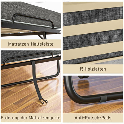 Opklapbed – Vouwbed – Logeerbed – Slaapbank – Bedbank – Donkergrijs – Met Zijvak – 10 cm Dik Matras – Ruimtebesparend Design