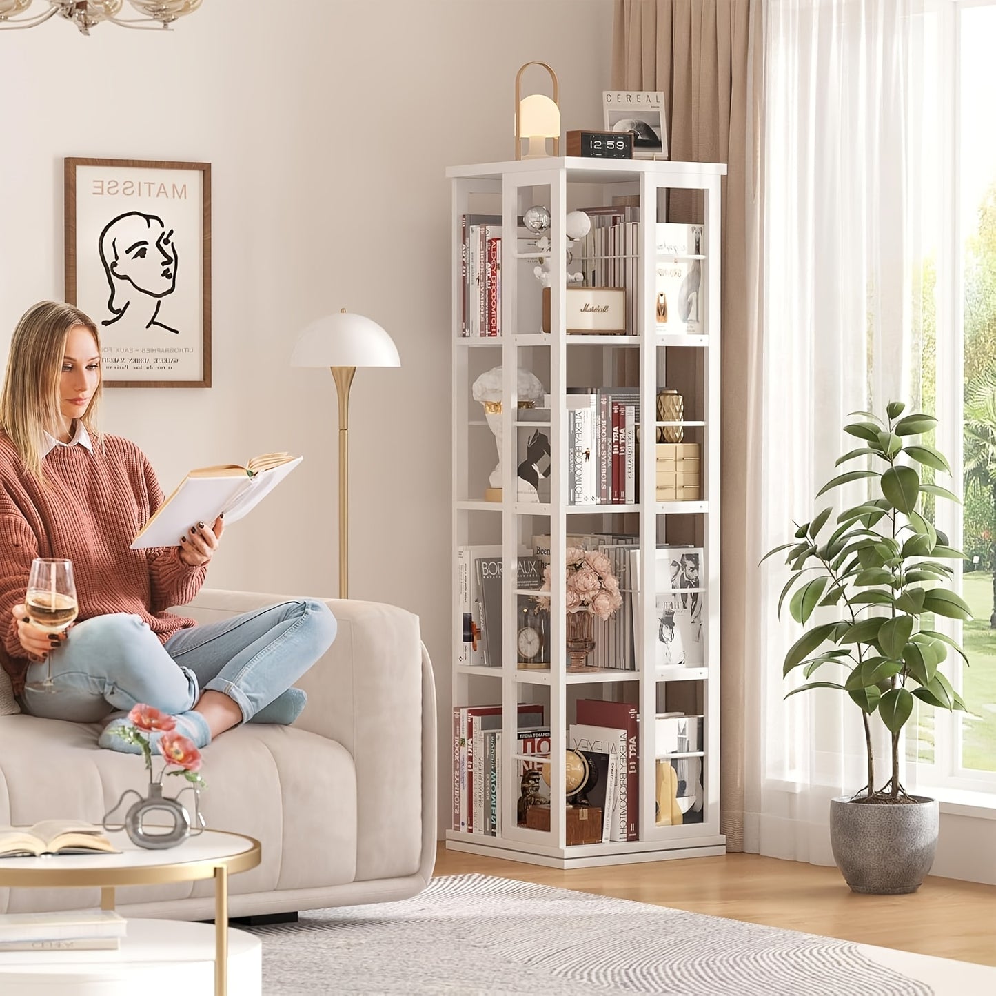 Draaibare Boekenkast – Boekenkast – Boekplank – Opbergrek – Vakkenkast – Wit – 4-Lagen Met 360° Draaifunctie – Ruimtebesparend Design
