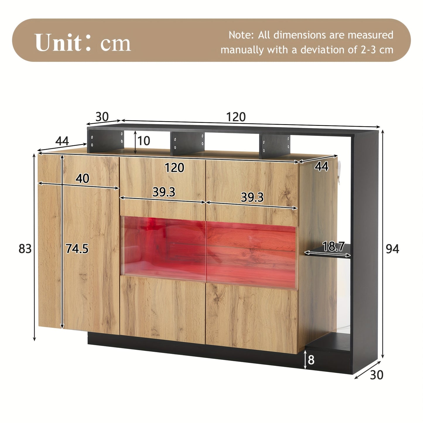 Modern Oak Veneer MDF Glazen Kast – Sideboard – Dressoir – Credenza – Opbergkast – Glazen Deuren – Zwart Frame – Eikenhout Afwerking – 68,58 cm Hoog – Zonder Spaanplaat