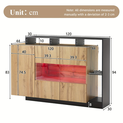 Modern Oak Veneer MDF Glazen Kast – Sideboard – Dressoir – Credenza – Opbergkast – Glazen Deuren – Zwart Frame – Eikenhout Afwerking – 68,58 cm Hoog – Zonder Spaanplaat