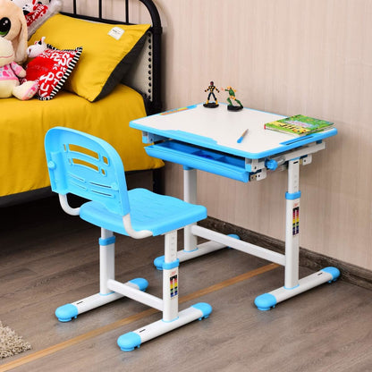 Kinderbureau – Kindertafel – Tekentafel – Schoolbureau – Kinderwerkplek – Hoogteverstelbaar – Incl. Lade en Haak – Blauw – PP en Metaal