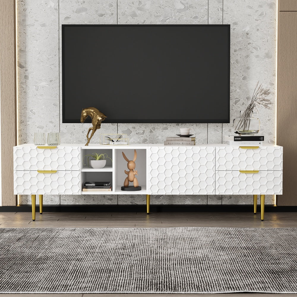 Tv-meubel – Tv-kast – Media Meubel – Entertainment unit – Woonkamermöbel – Wit met Gouden Accenten – Duurzaam Niet-houten Materiaal – Laag Profiel met Veel Opbergruimte