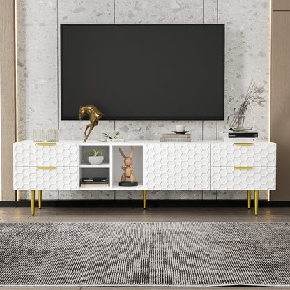 Tv-meubel – Tv-kast – Media Meubel – Entertainment unit – Woonkamermöbel – Wit met Gouden Accenten – Duurzaam Niet-houten Materiaal – Laag Profiel met Veel Opbergruimte