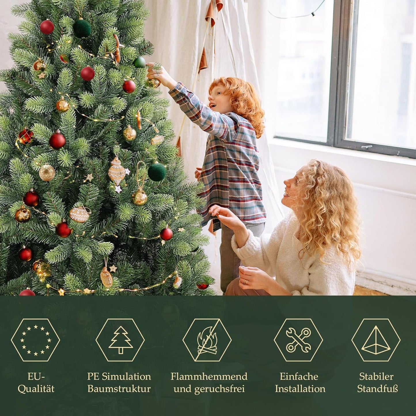 Kerstboom – Kunstkerstboom – Kunstboom – Versierde Boom – Flocked Boom – 210 cm Hoogte – Realistische PE Tips – Met Ingebouwde Verlichting
