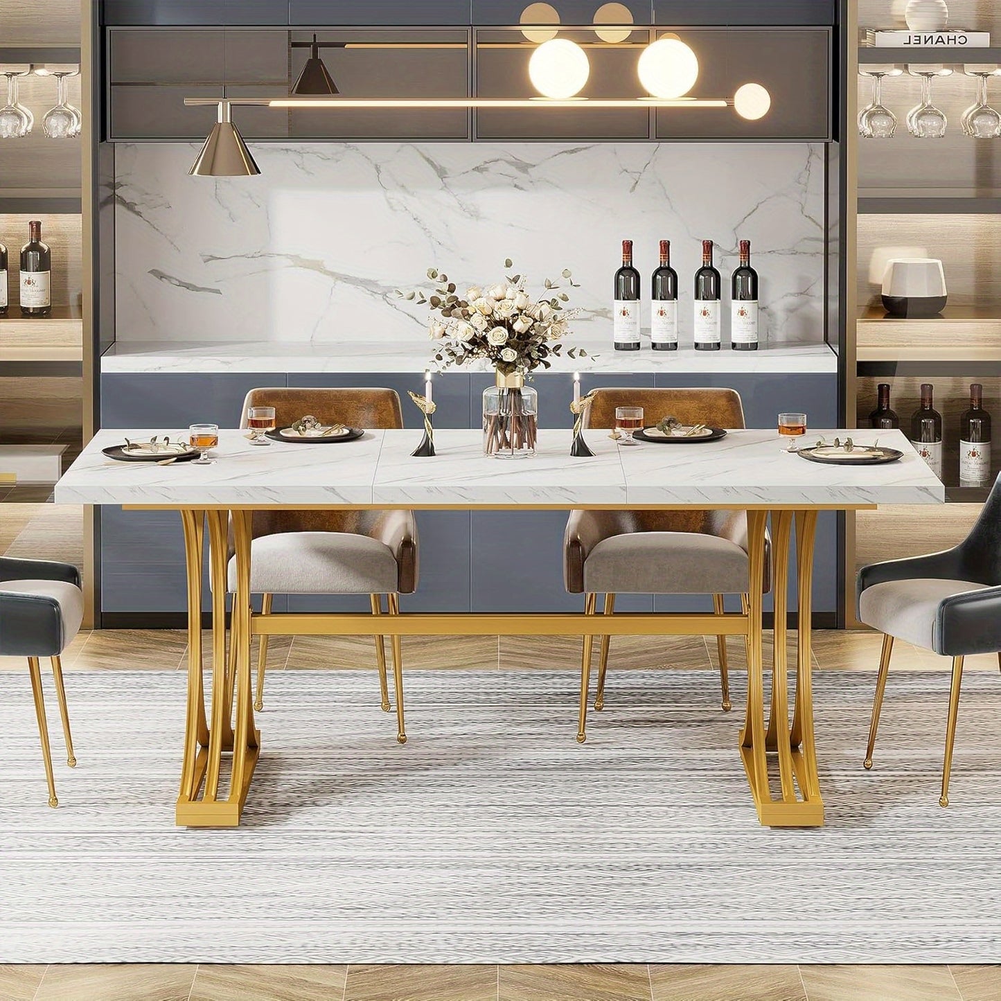 Eettafel – Tafel – Keukentafel – Dinertafel – Eetkamertafel – Rechthoekig – Wit met Gouden Accenten – Met Metalen Trestle Poten – 63 Inch voor 4-6 Personen