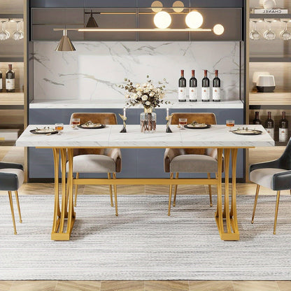 Eettafel – Tafel – Keukentafel – Dinertafel – Eetkamertafel – Rechthoekig – Wit met Gouden Accenten – Met Metalen Trestle Poten – 63 Inch voor 4-6 Personen