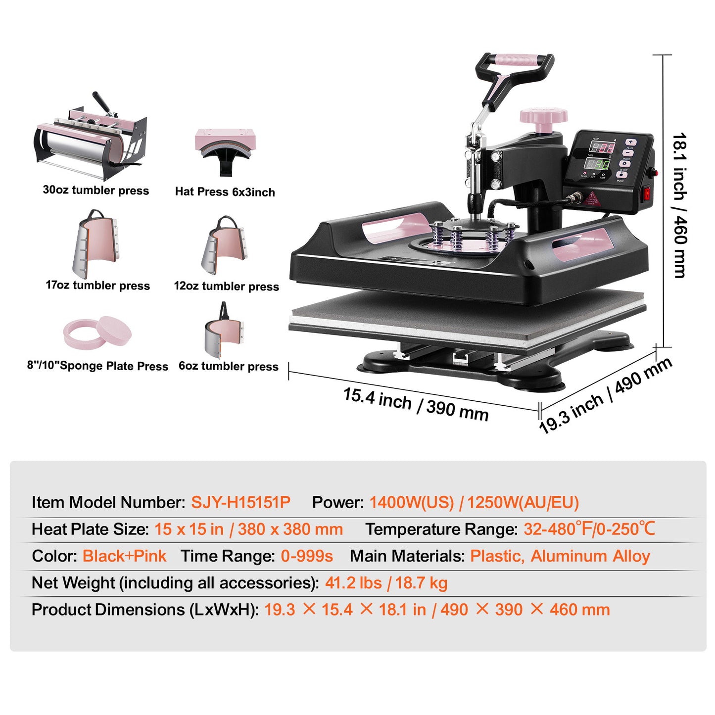 VEVOR 8 in 1 Heat Press Machine 15x15 in 30oz Tumbler Press T-Shirts Black