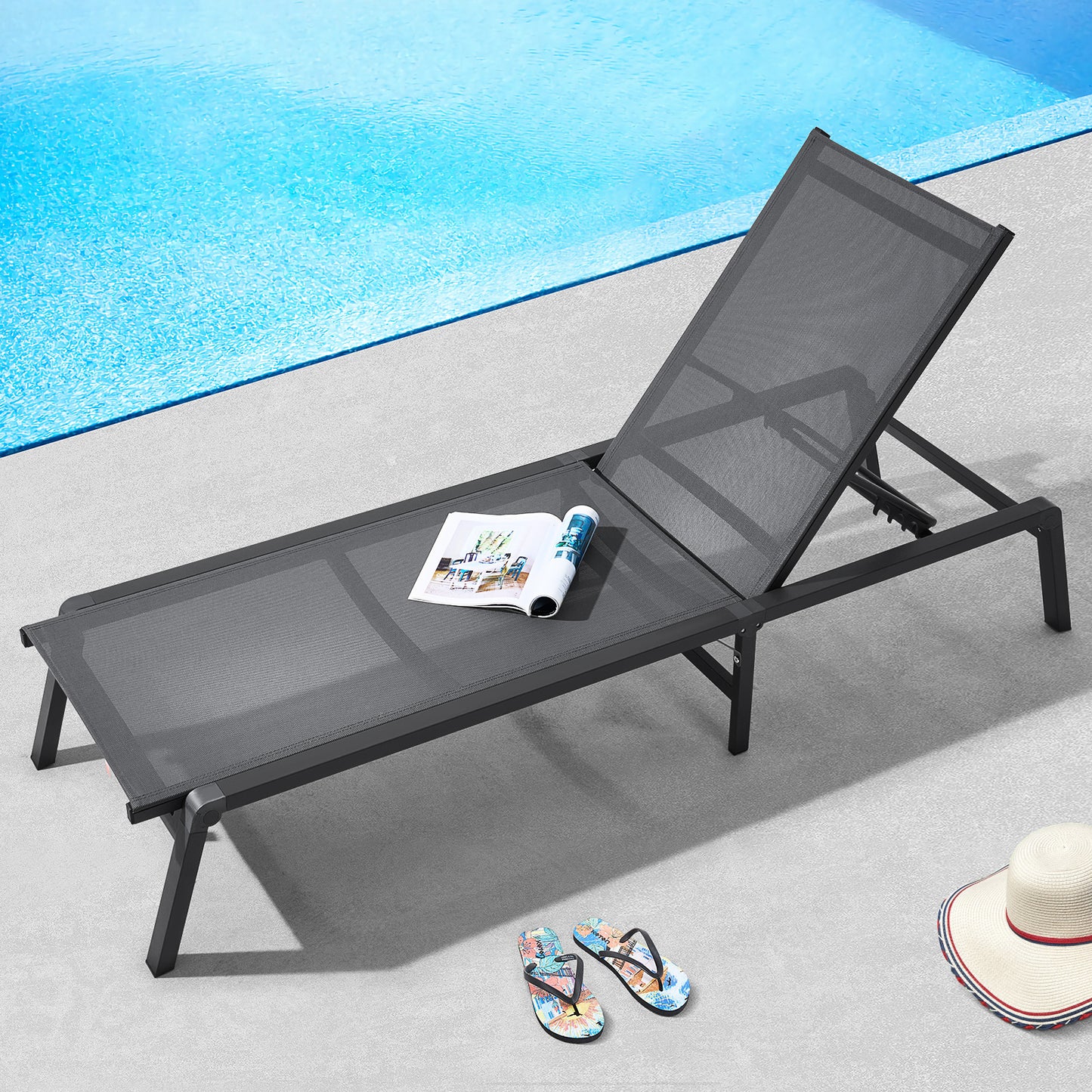Loungebank – Ligstoel – Tuinstoel – Relaxstoel – Buitenstoel – Verstelbaar in 5 standen – Aluminium frame roestvrij – Waterafstotende stof Donkergrijs