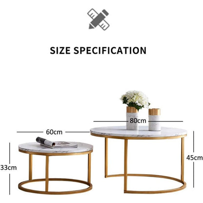 Lage Ronde Tafels – Salontafel – Bijzettafel – Nieuwerwetse Tafel – Modulaire Tafel – Set van 2 – Gouden Metalen Frame – Houten Tafelblad – Compact & Eenvoudig te Monteren