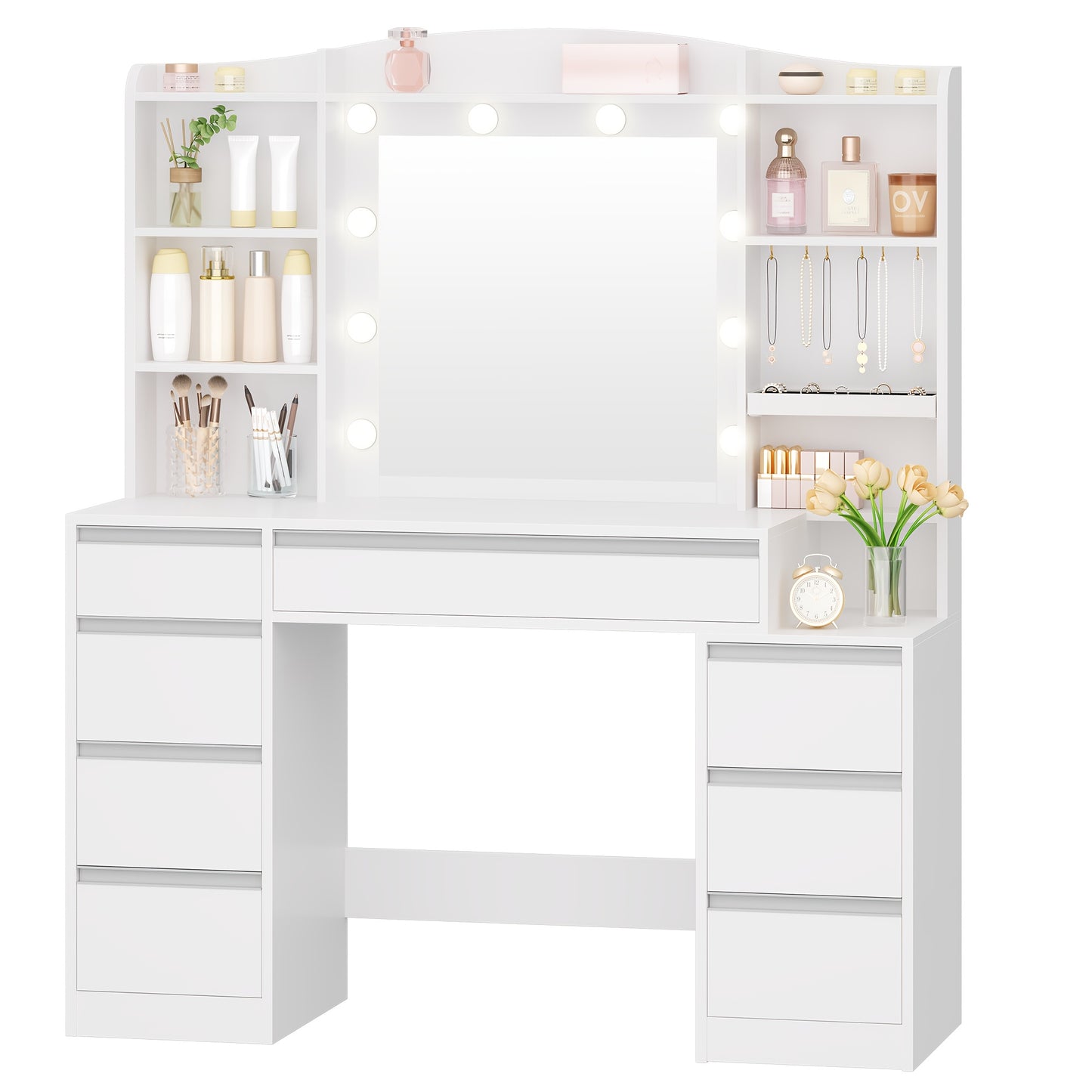 Make-up Tafel – Kaptafel – Schminktisch – Beautytafel – Make-up Organizer – LED Verlichting 3 Kleuren – Groot 90 cm Tafelblad – Wit