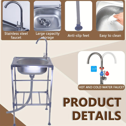 Single Bowl Kitchen Sink, Freestanding Sink with Hot And Cold Water Faucet, Portable Camping Sink, Suitable for Outdoor/Indoor Single Bowl Washbasin, 1 Bowl Commercial Sink, Portable Sink, Kitchen Sink Single Bowl, Outdoor Si
