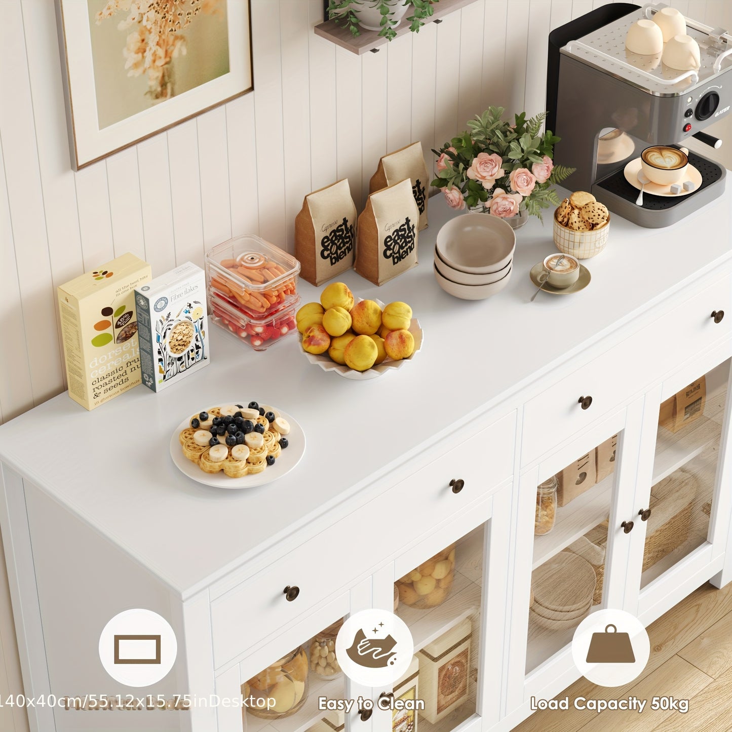 Sideboard – Dressoir – Buffetkast – Opbergkast – Vitrinekast – Wit MDF – 140x90,7x40 cm – 2 Lades en 4 Glazen Deuren met Verstelbare Planken