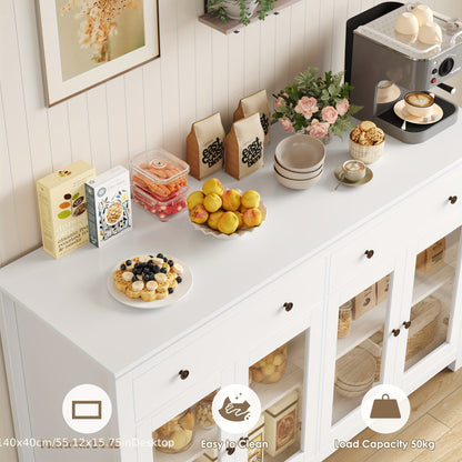 Sideboard – Dressoir – Buffetkast – Opbergkast – Vitrinekast – Wit MDF – 140x90,7x40 cm – 2 Lades en 4 Glazen Deuren met Verstelbare Planken