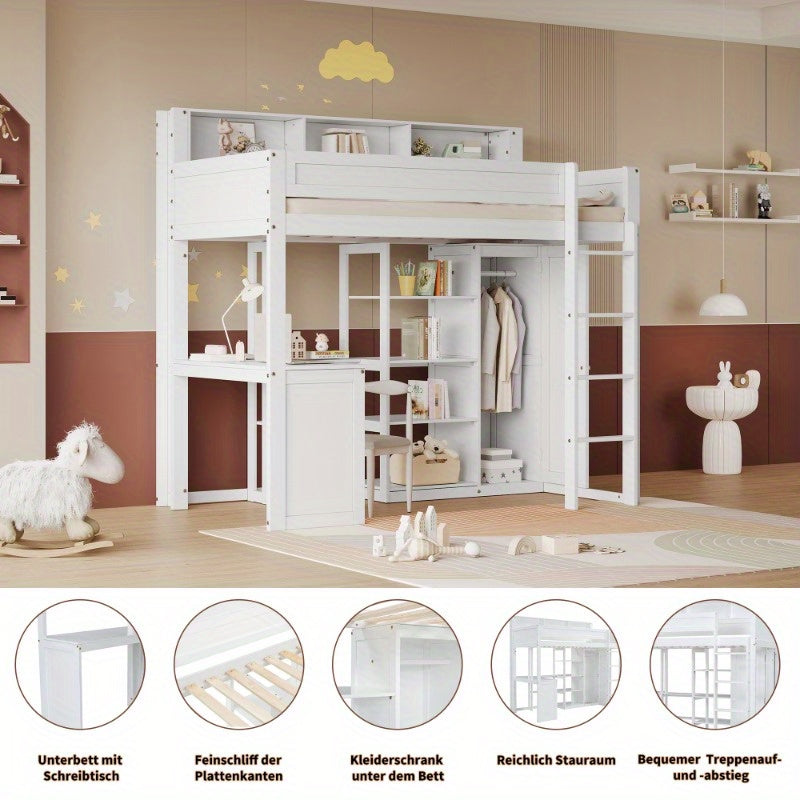 Hoogslaper – Stapelbed – Eenpersoonsbed – Kinderbed – Bed Met Bureau – Wit – 90x200 cm – Met Kledingkast En Opbergruimte