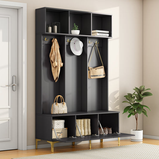 Halbank – Schoenenbank – Opbergbank – Kastbank – Kapstok – Zwart – Gouden Haken – 120 cm Breed – Ruimtebesparend – Eenvoudige Montage