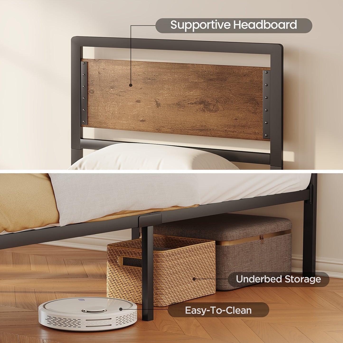 Bedframe – Platformbed – Eenpersoonsbed – Tweepersoonsbed – Industrieel Bed – Retro Bruin – 120x200 cm – Metaal & Hout – 35 cm Opbergruimte Onder Bed