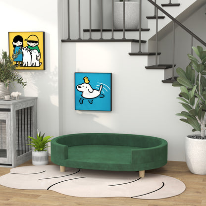 Hondenbankje – Dierenbank – Huisdierenbank – Kattenbankje – Groen – Zacht Fluwelen Bekleding – Afneembaar Wasbaar Kussen – Stevige Houten Poten – 100x70x25 cm – Geschikt Tot 30 kg