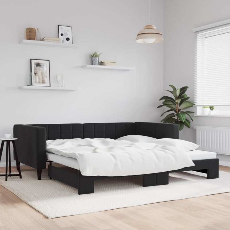 Bedbank – Slaapbank – Sofa – Logeerbed – Uitschuifbed – Zwart – 100x200 cm – Zachte Stof – Massief Houten Frame