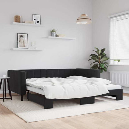 Bedbank – Slaapbank – Sofa – Logeerbed – Uitschuifbed – Zwart – 100x200 cm – Zachte Stof – Massief Houten Frame