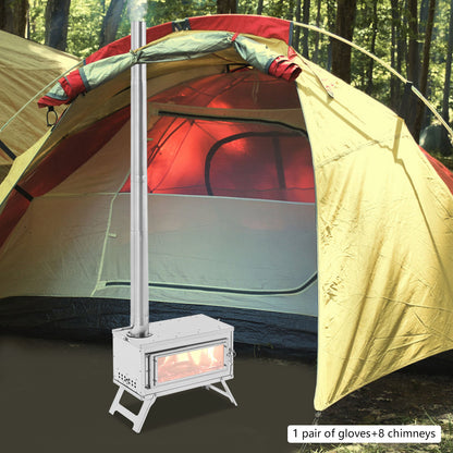 Houtkachel – Campingkachel – Tentkachel – Outdoorkachel – Backpacking Kachel – Roestvrijstaal – Compact & Draagbaar – Inclusief 8 Schoorsteenpijpen & Handschoenen