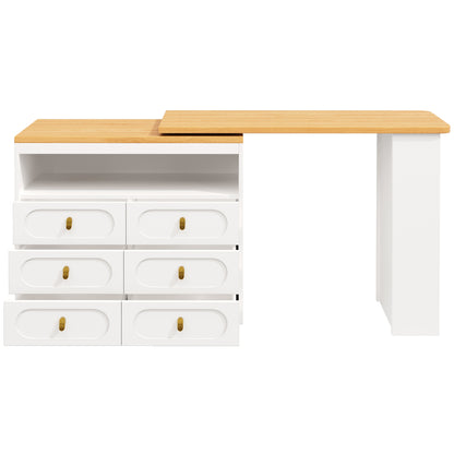 Modern White Extendable Bar Table with 360° Swivel & Storage Drawers - Adjustable Length 138-203cm, Space-Saving Metal Design with Golden-Toned Legs, Multi-Room Use for Kitchen, Living Room, Dining Room, Home Office - Easy A