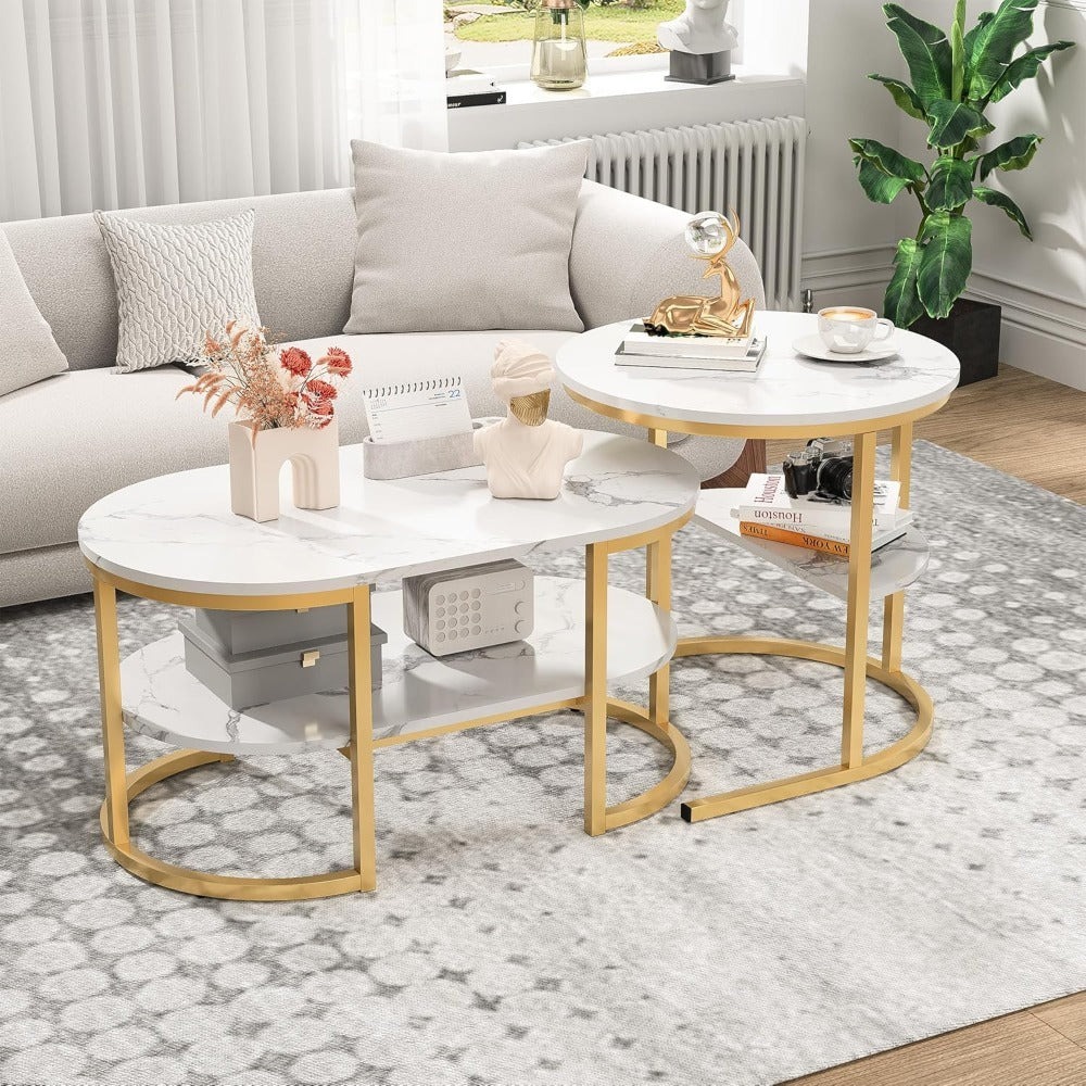 Salontafel – Bijzettafel – Woonkamertafel – Tafellenset – Ovaal en Rond – Wit Goud Faux Marmer – Ruimtebesparend en Stevig MDF
