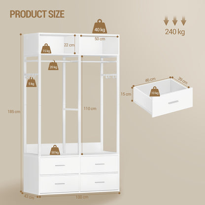 Kledingkast – Open Kledingkast – Garderobekast – Opbergkast – Kleerkast – MDF en Metaal – 4 Lades en 8 Haken – 185x100x43 cm – Wit