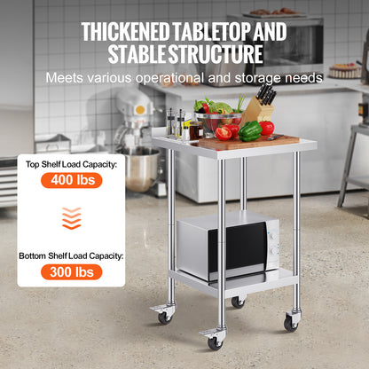 Werktafel – Werkbank – Werkblad – Werktafel met wielen – Roestvrij staal – 61x61x102 cm – 3 Verstelbare Legplanken – Zwenkwielen met Rem