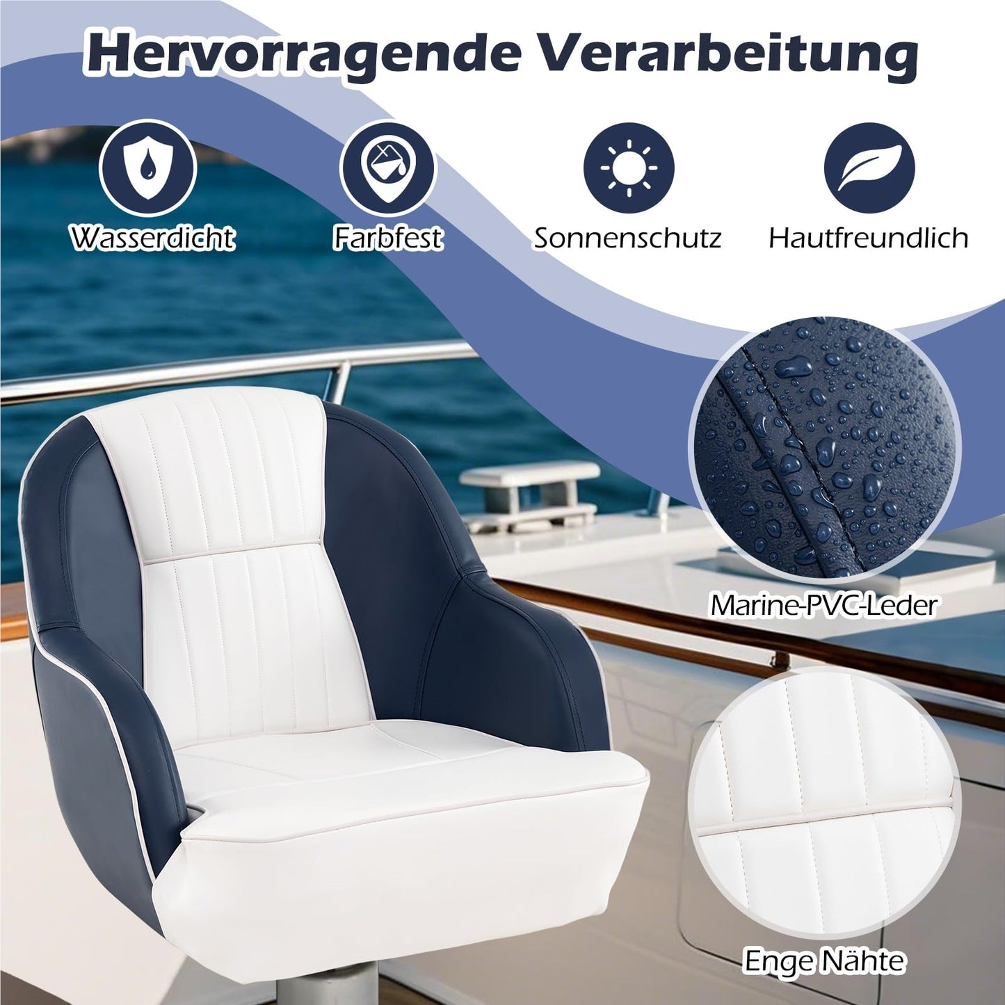 Bootstoel – Bootzitje – Bootsstoel – Bootstoel met armleuningen – Vissersstoel – Waterbestendig PVC Leder – Dikke schuimkussens 15 cm – Ergonomisch ontwerp – Blauw/Wit