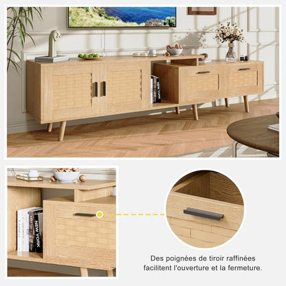 tv-meubel – tv-kast – dressoir – mediameubel – wandmeubel – Mid-Century Modern Design – Natuurlijke Rattan Accenten – 146x30x44 cm – MDF Hout