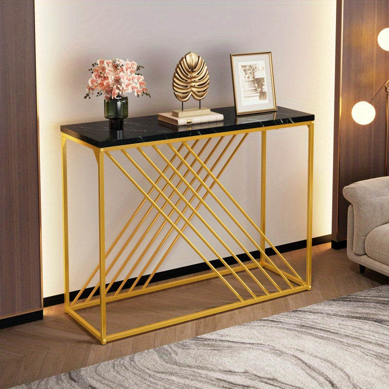Sidetable – Console Tafel – Wandtafel – Haltafel – Dressoir – Zwart-Goud MDF – 100x35x77 cm – Hoogglans Blad – Stevig Metalen Frame