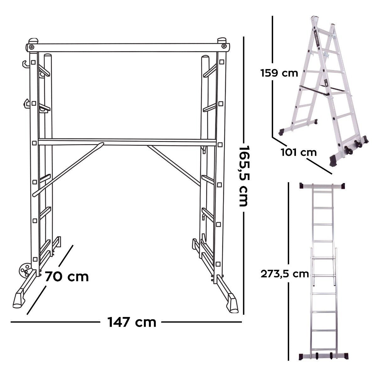 Steigerladder – Multifunctionele Ladder – Kamersteiger – Werksteiger – Vouwladder – Aluminium – Hoogte 165,5 cm – Draagvermogen 150 kg