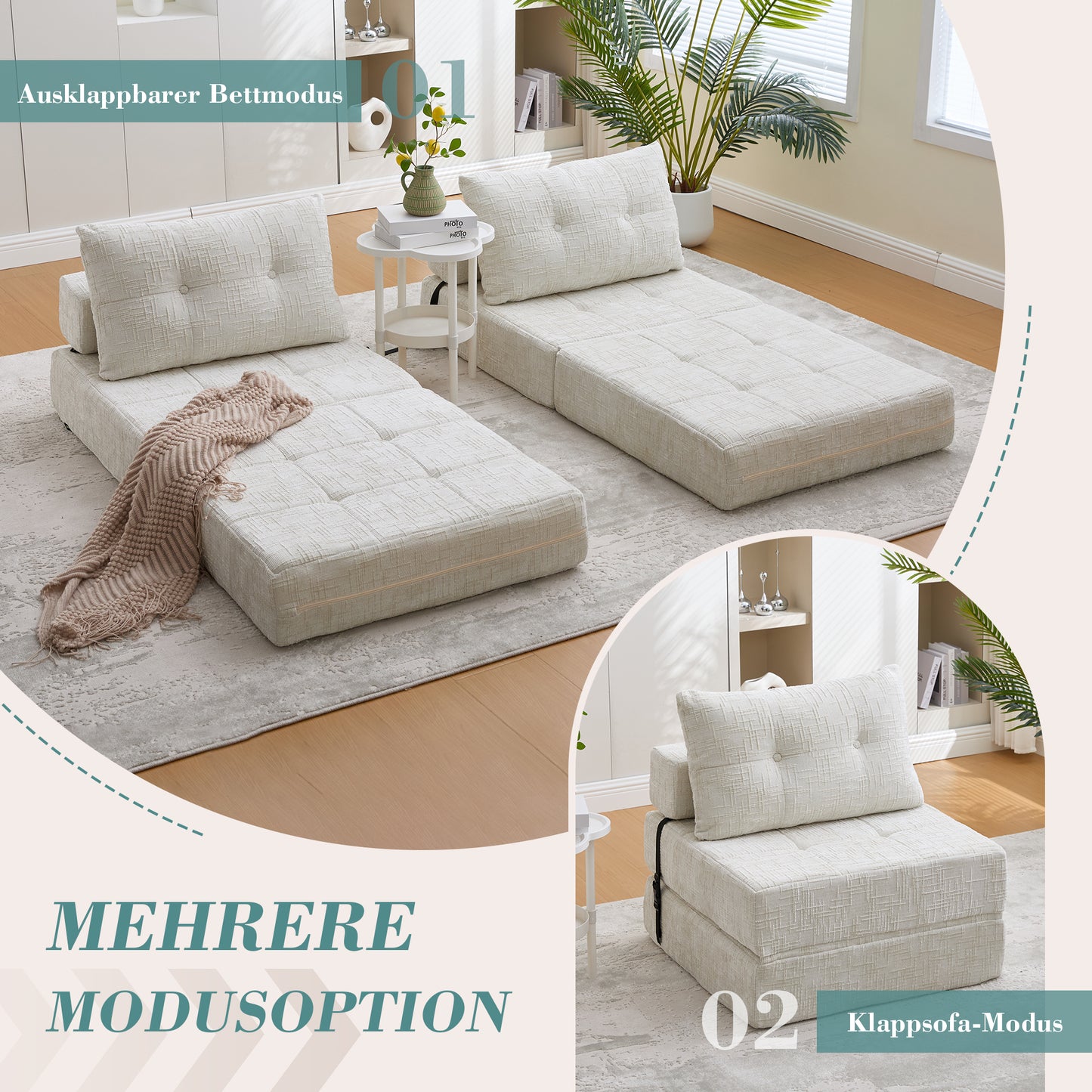 Inklapbare Slaapbank – Slaapbankje – Slaapbank Opklapbaar – Slaapbank Met Kussen – Vouwmatras Met Rugleuning – Beige Chenille Stof – Hoge Dichtheid Schuim
