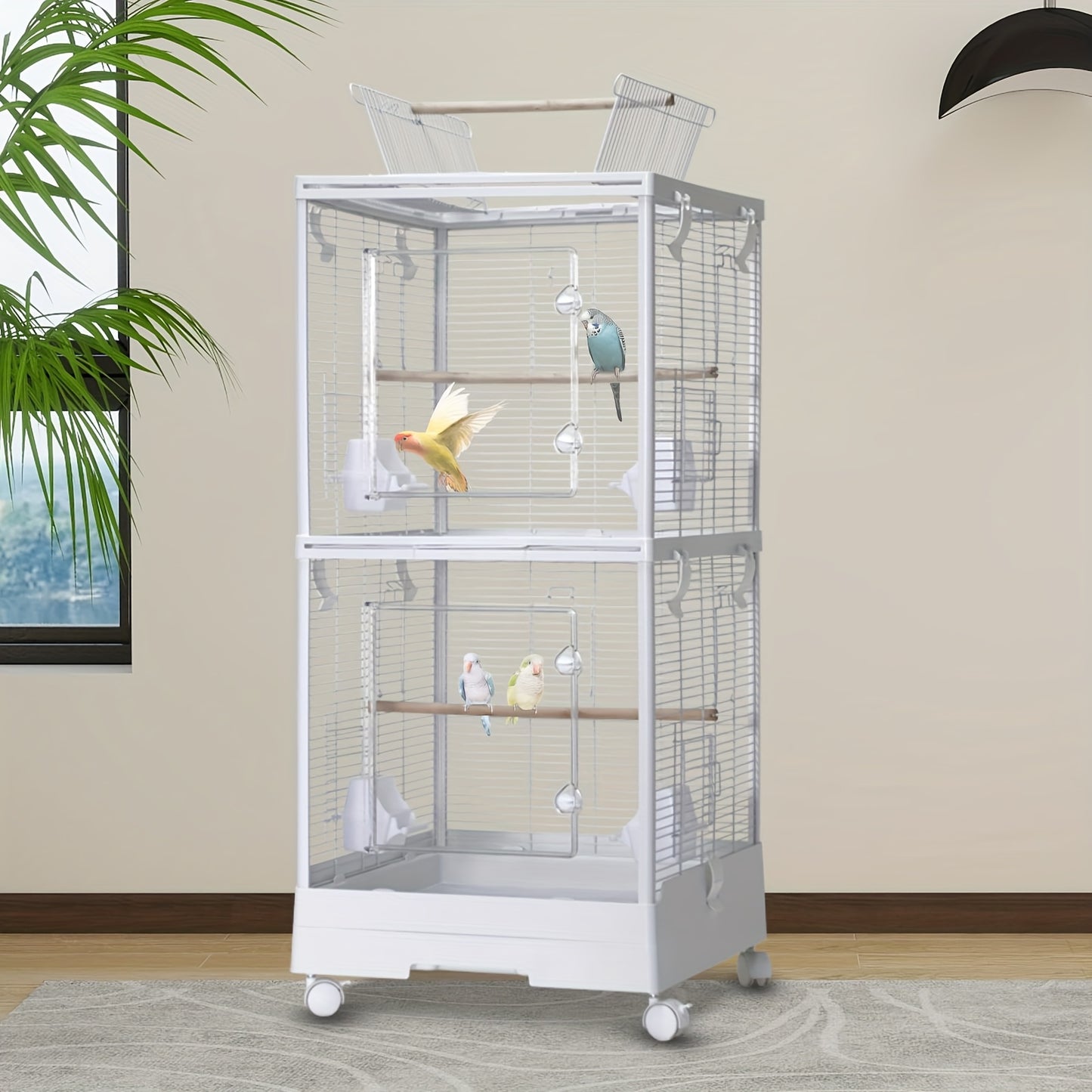 2-in-1 Travel Bird Cage & Playground Stand with 2-Level Parrot Carrier - 111.76cm White Portable Bird aviary for medium/small birds, Lockable Wheels, Removable Grid, Slide-Out Tray, Perches & Feeding Cups - Ideal for, Vet Vis