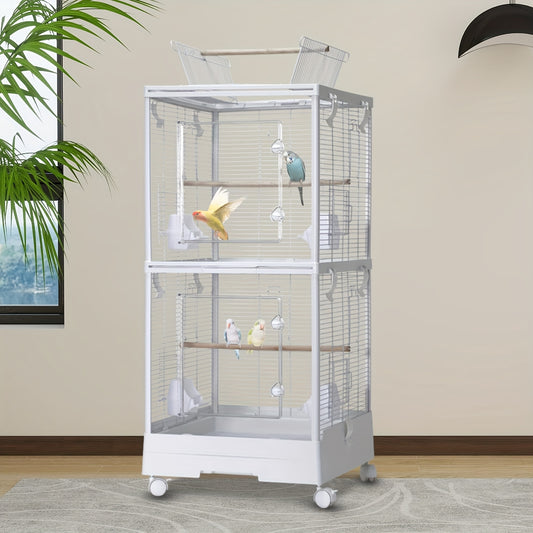 2-in-1 Travel Bird Cage & Playground Stand with 2-Level Parrot Carrier - 111.76cm White Portable Bird aviary for medium/small birds, Lockable Wheels, Removable Grid, Slide-Out Tray, Perches & Feeding Cups - Ideal for, Vet Vis