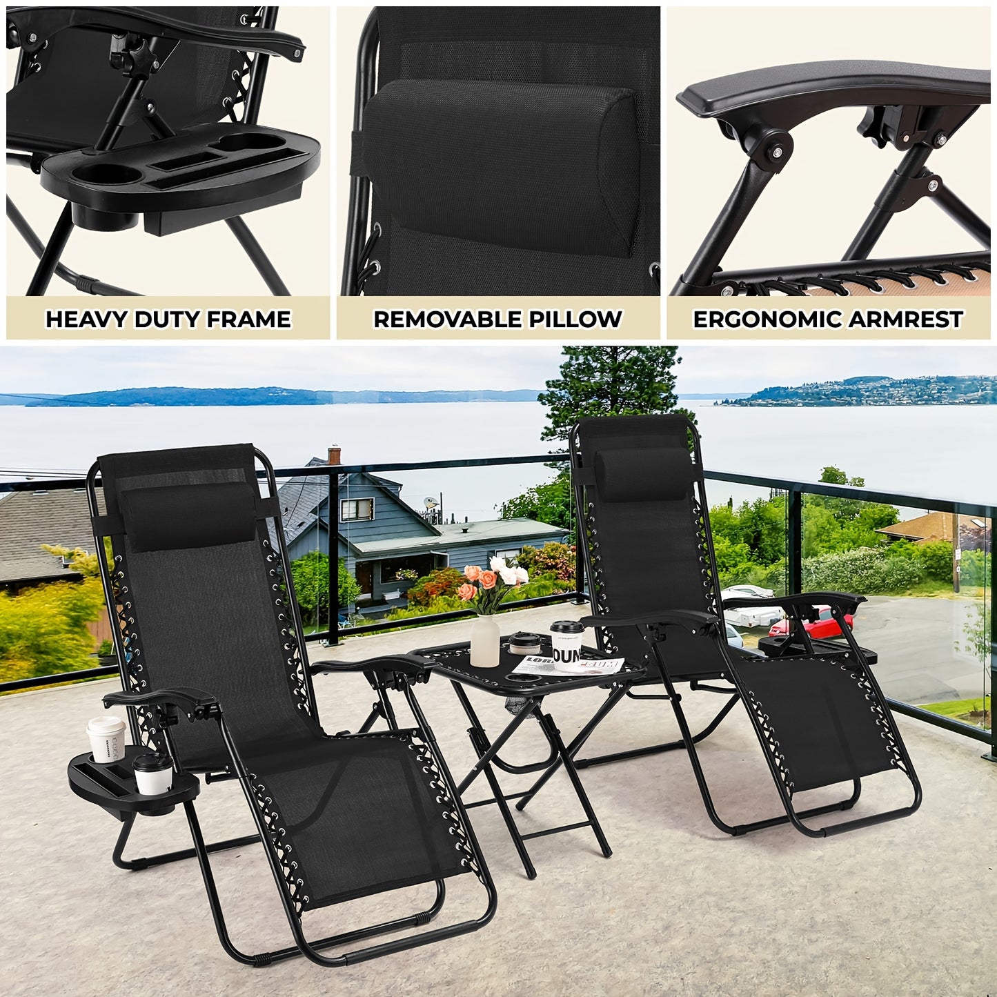 Ligstoel – Tuinstoel – Strandstoel – Campingstoel – Ligbed – Verstelbare Rugleuning – Opvouwbaar Met Zijtafel – Zwart – Stevig Lichtgewicht Frame