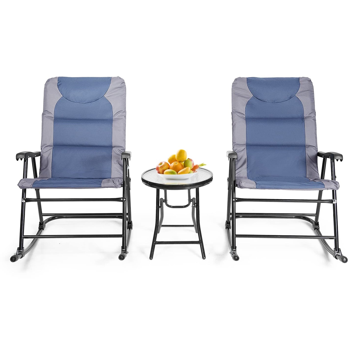 Tuinstoel – Schommelstoel – Loungestoel – Bistrostoel – Relaxstoel – 3-delige Set – Inklapbaar – Stalen Frame – Blauw