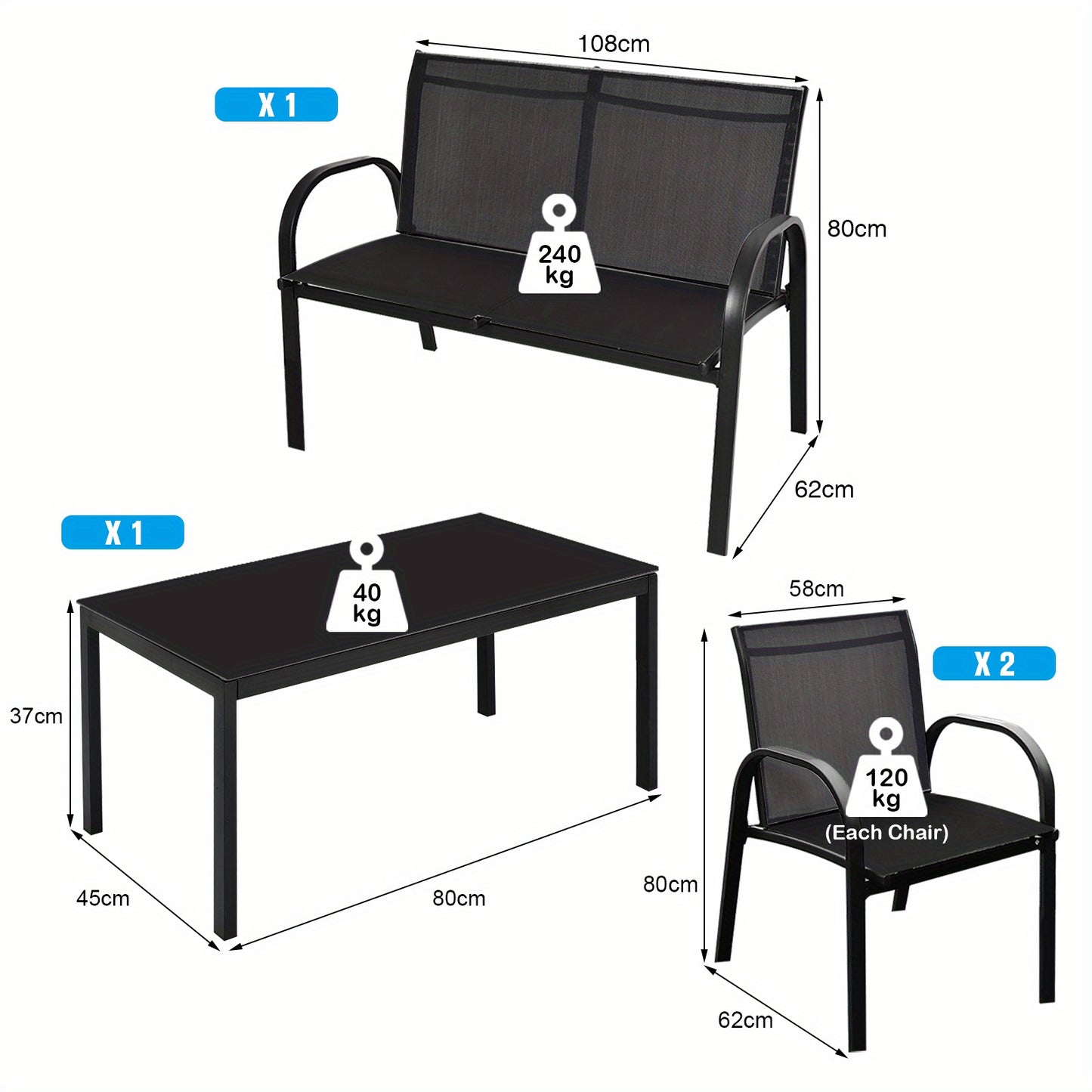 4-delige Loungeset Buiten – Tuinmeubelset – Patio Set – Balkonmeubilair – Outdoor Sofa Set – Duurzaam Metalen Frame – Ademend Zwart Textiel – Inclusief Glazen Salontafel 80 cm