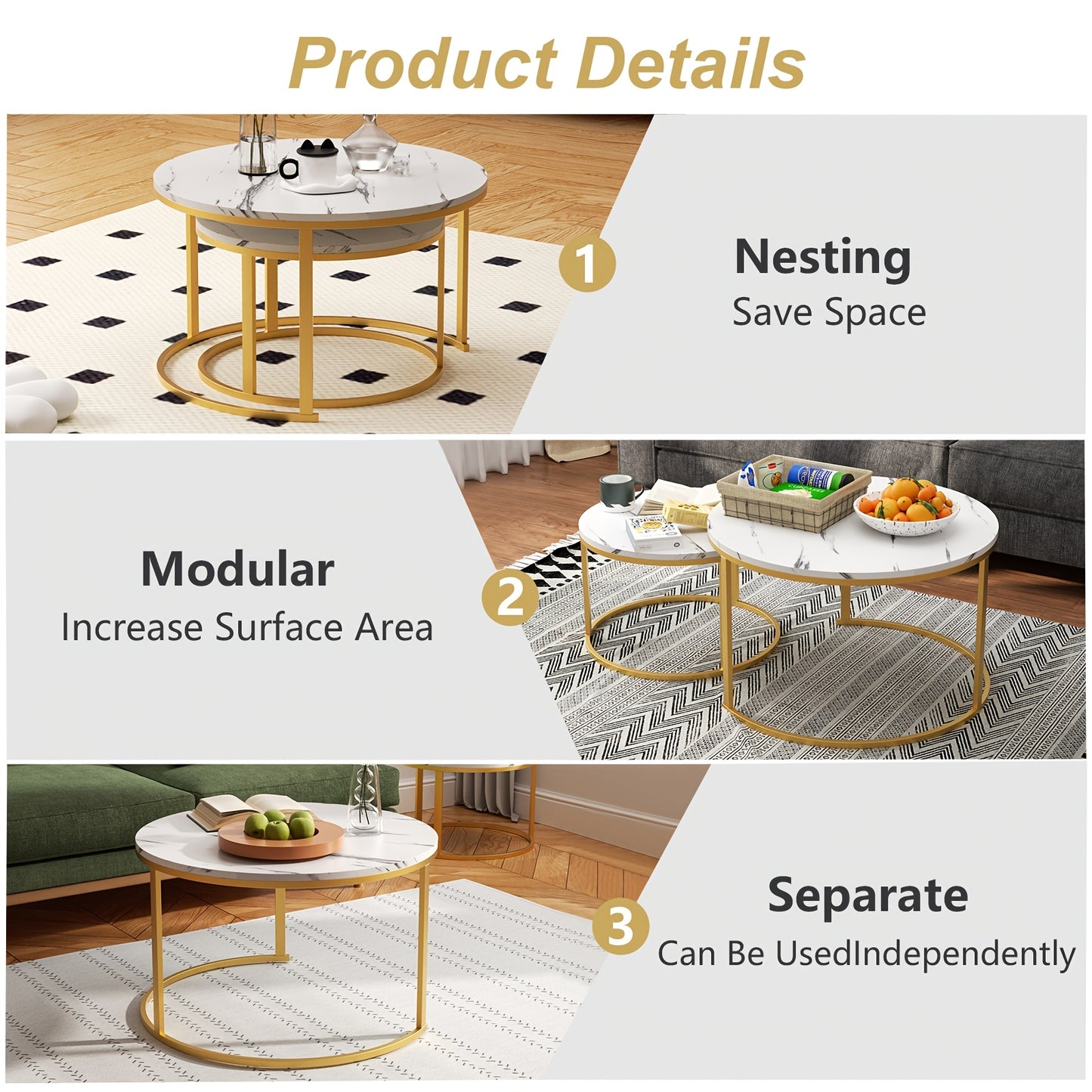 Salontafel – Bijzettafel – Woonkamertafel – Koffietafel – Nestbare Tafelset – Wit Marmerlook – Zwart Metalen Frame