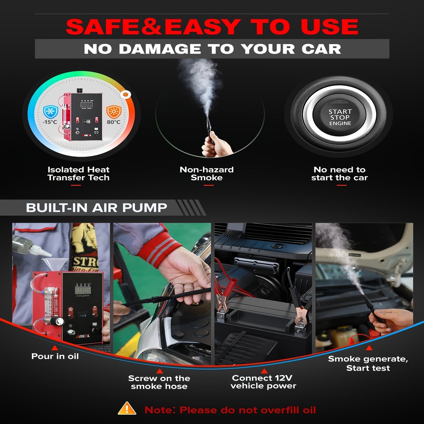 Automotive Rooktester – Rookgenerator – Lekdetectieapparaat – Vacuümtester – Systeemchecker – 12V Auto – Oververhittingsbeveiliging – Compact Ontwerp