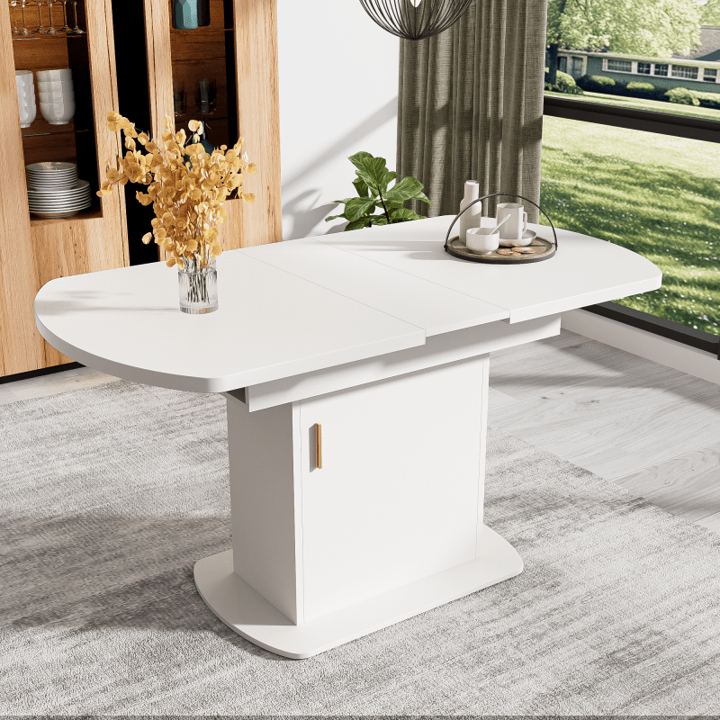 Uitschuifbare Ovaalvormige Tafel – Uitklapbare Eettafel – Salontafel – Werktafel – Compacte Tafel – Wit Met Gouden Handgrepen – Met Opbergruimte – 110-130x70x75 cm