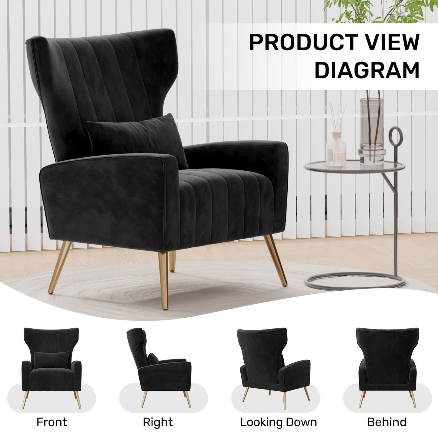 Relaxstoel – Fauteuil – Loungechair – Tv-stoel – Wing Chair – Zwart Velvet – Gouden Metalen Poten – Ergonomisch Comfort – Draaggewicht 130 Kg