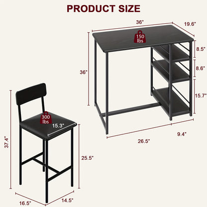 Bar Table Set with 2 Stools - Heavy-Duty Metal MDF Construction, Space-Saving Kitchen Dining Table with 3 Shelves, Sturdy Legs & Non-Slip Floor - Compact for Small, Apartment, Home, Restaurant - Easy Assembly, Modern Farmhous